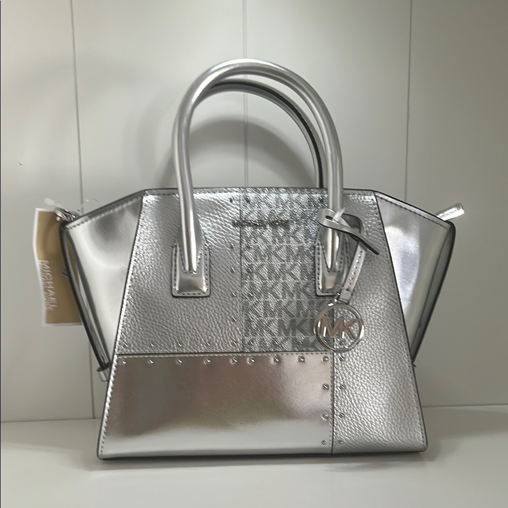 Avril Small Metallic Studded Patchwork & Signature Logo Satchel-NWT - Picture 9 of 9